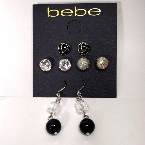 BEBE, Set of 4 pairs of Silver-tone, Gray and Black Beaded Drop Studs Earrings - Picture 6 of 6